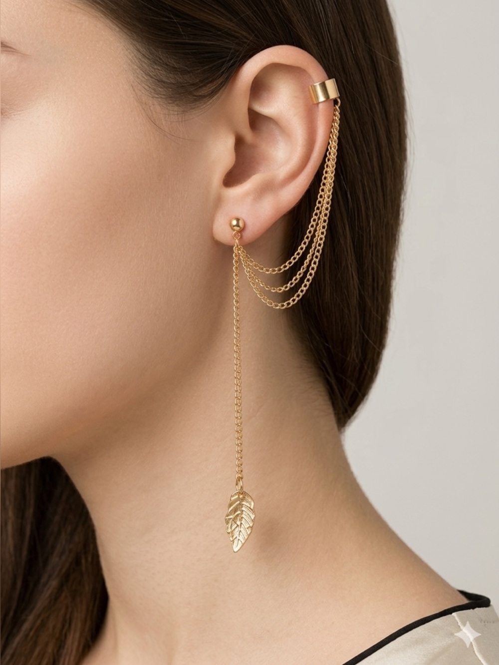 Gold Leaf Chain Ear Crawler | Boho Tassel Cuff Climber Earring